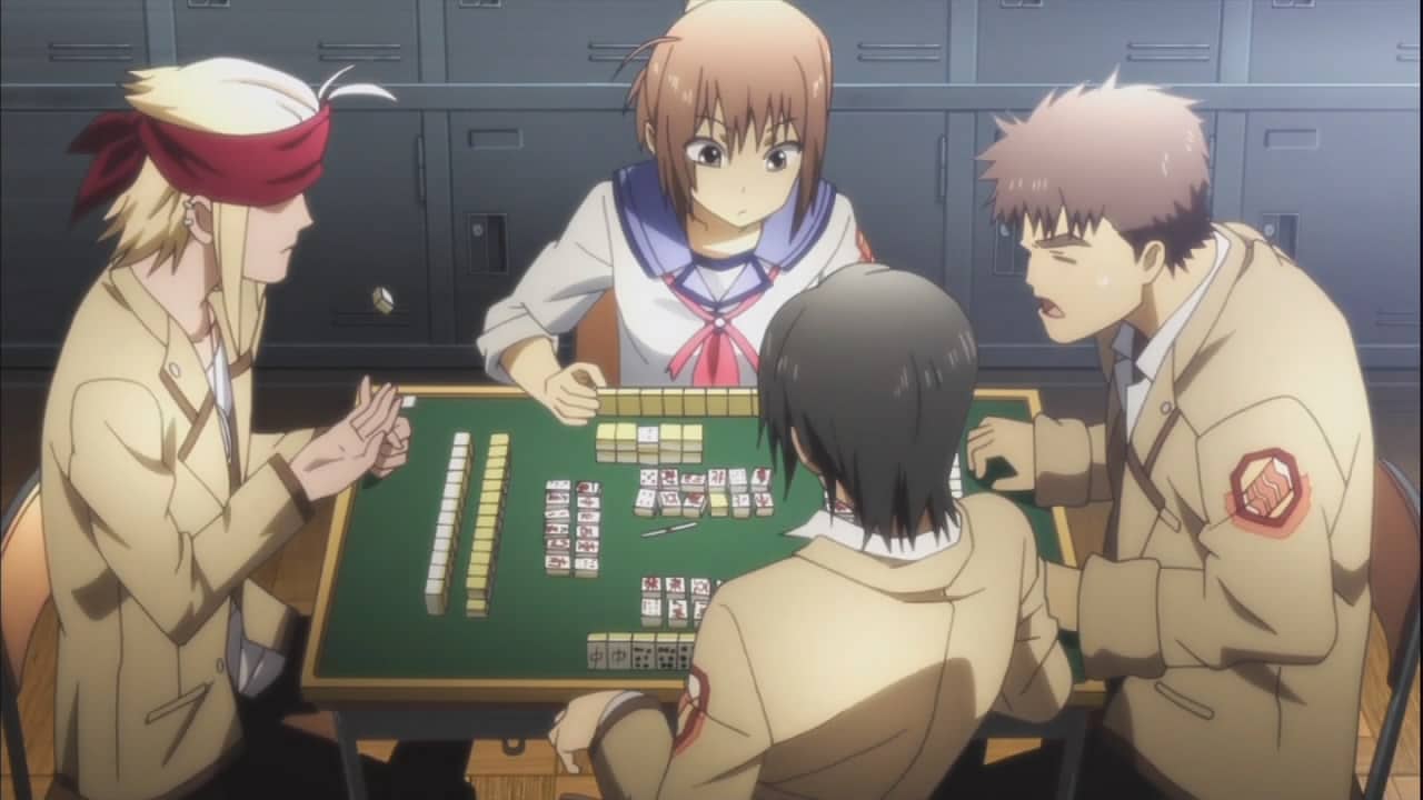 Hisako playing mahjong with TK, Fujimaki and Matsushita