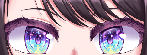 VTuber eyes with colors ranging from dark blur to light blue and hints of purple
