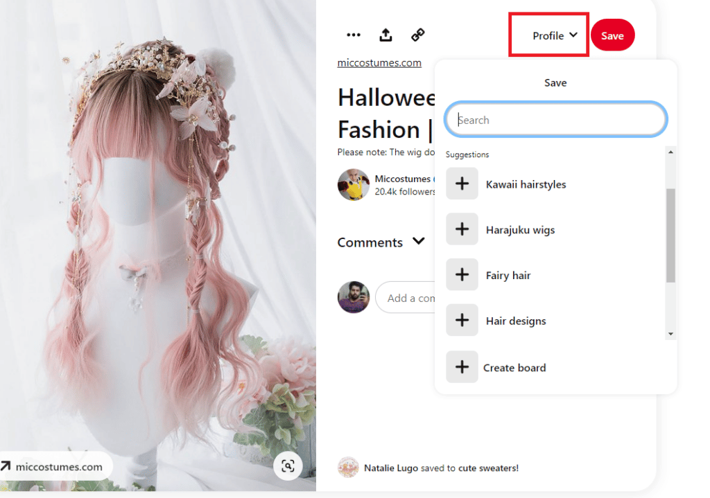 Pinterest drop-down menu for creating a board