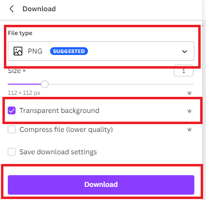 Select file type: PNG, check the transparent background option, click on download