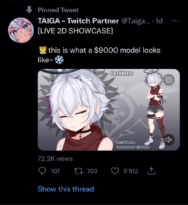 Taiga posts about his $9,000 model