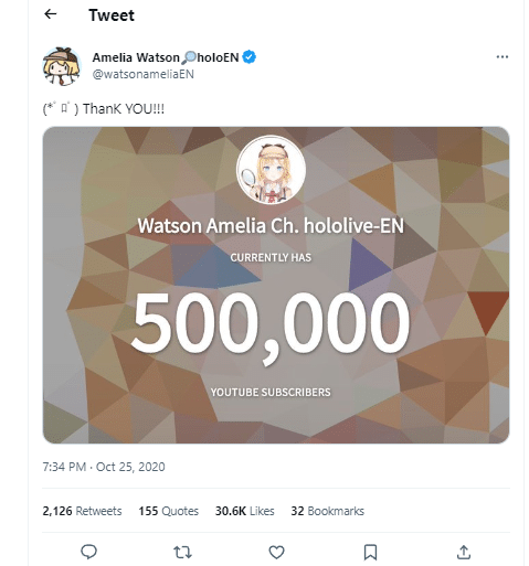 Amelia reaches the 500k subscriber count.