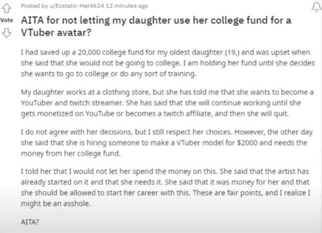 A single mother venting as her daughter uses her college fund for a VTuber model.