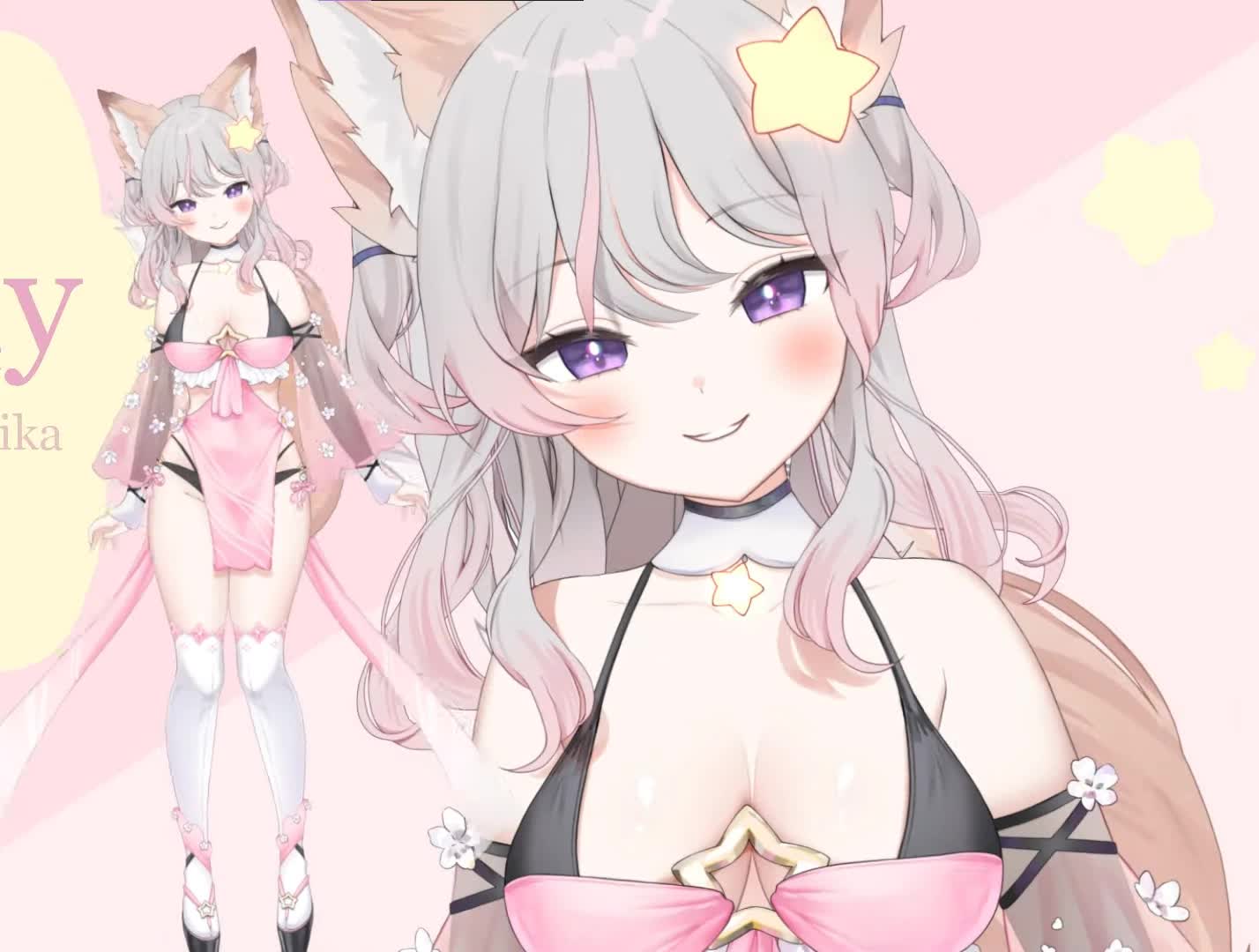Anny VTuber foxgirl model with fluffy fox ears, tail, and her signature forehead star