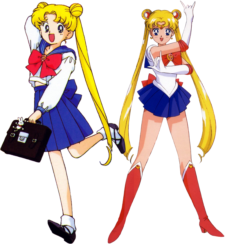 Sailor Moon Usagi Tsukino in school uniform and her Sailor Moon form, classic 90s magical girl anime