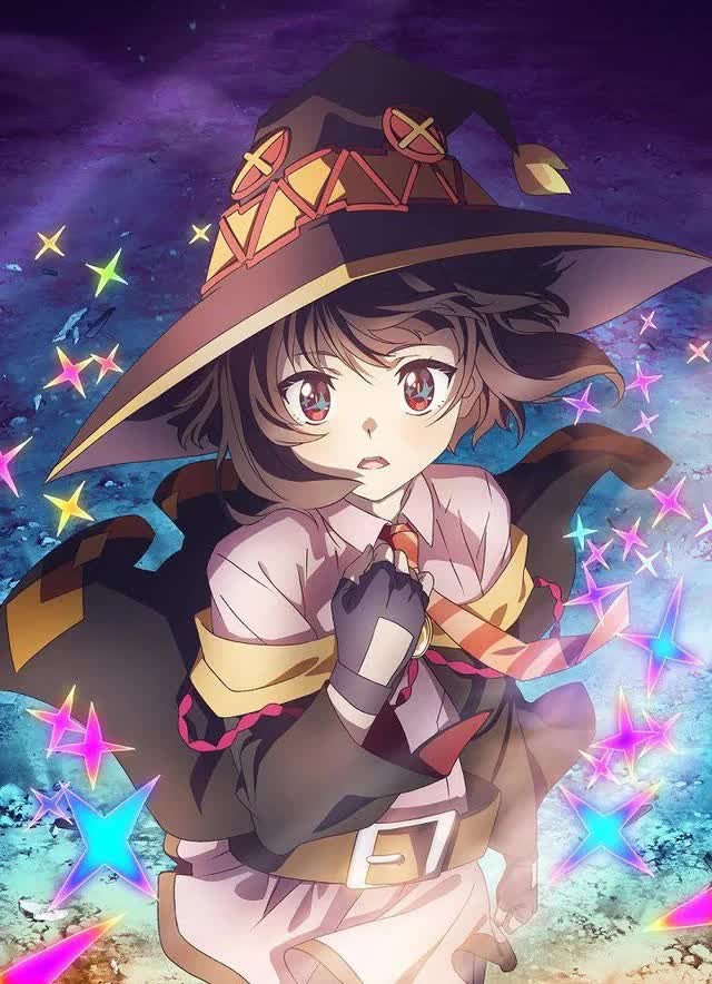 KonoSuba mage Megumin with her explosion magic on a best comedy anime poster