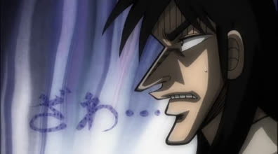 Kaiji Itou with a tense desperate expression in the Kaiji gambling anime