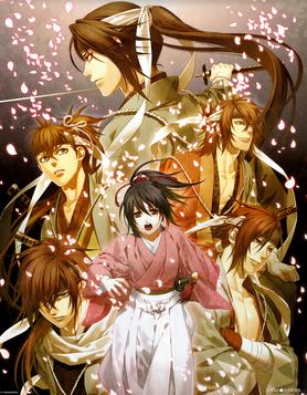 Shinsengumi swordsmen in blue haori coats in the Hakuoki historical samurai anime