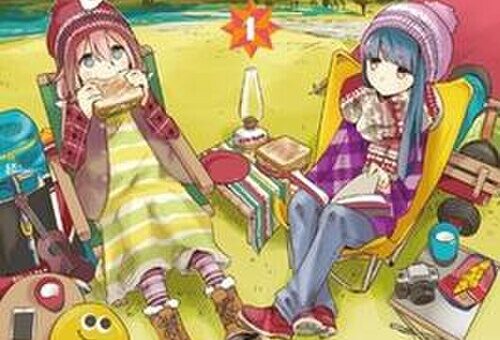 Laid-Back Camp Yuru Camp official cover art with girls camping near Mount Fuji