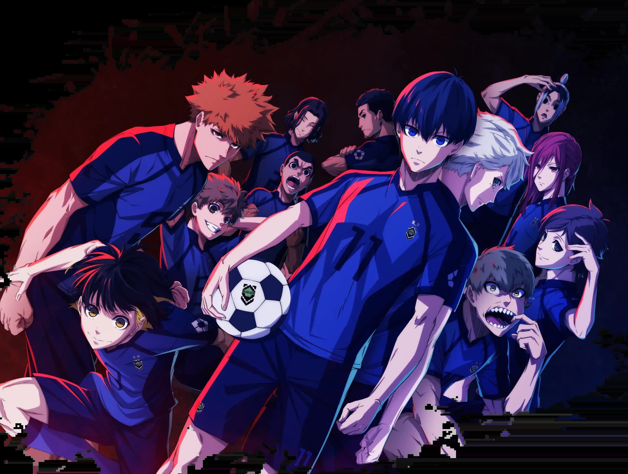 Blue Lock anime key visual with Yoichi Isagi and the Blue Lock strikers