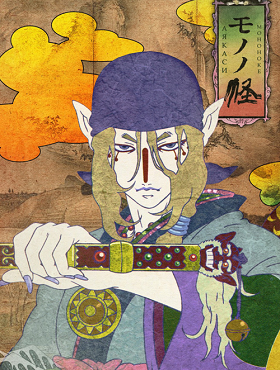 The Medicine Seller from Mononoke shown in the anime's woodblock print art style