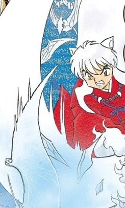 Inuyasha with long silver hair wielding the Tessaiga