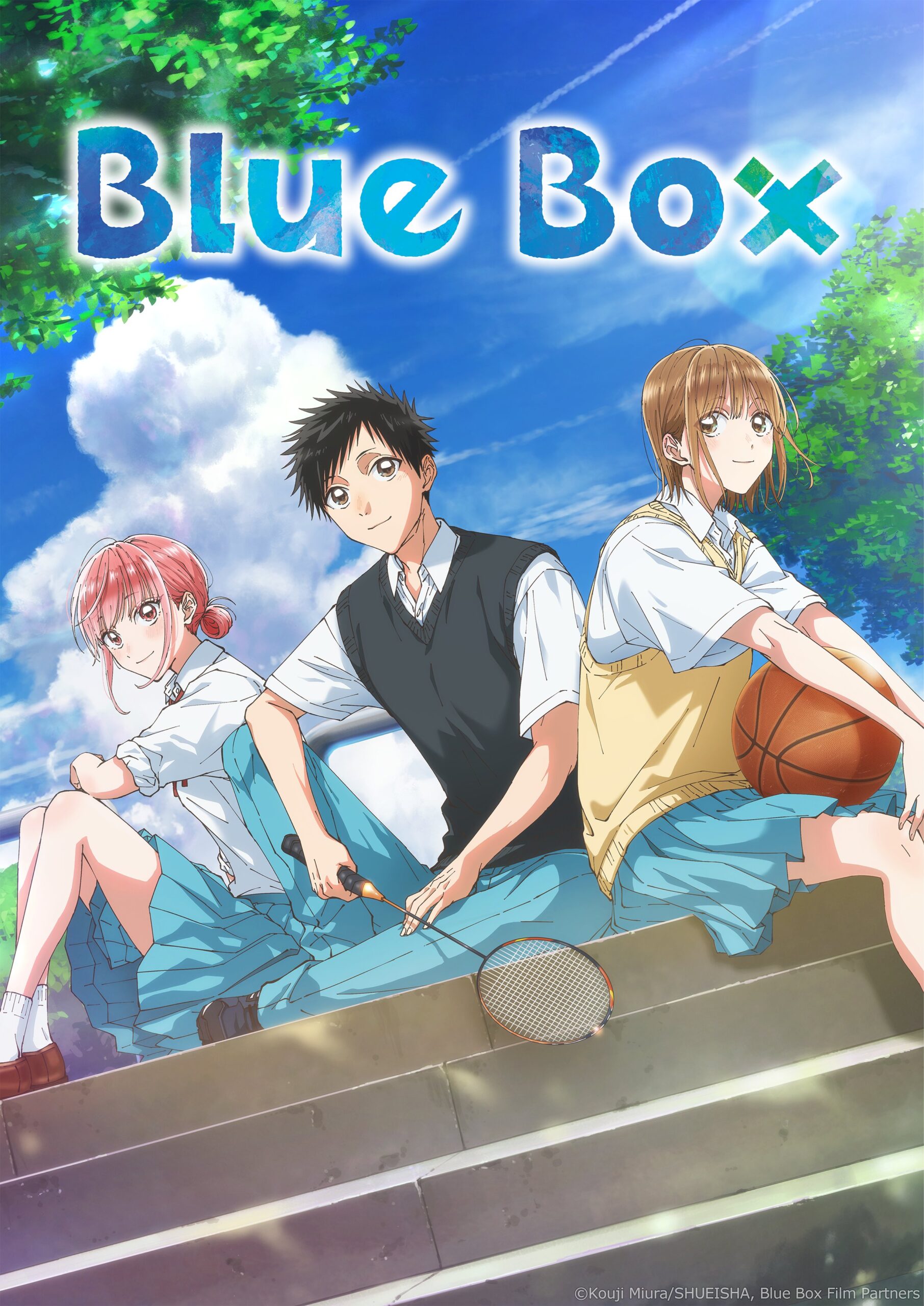 Official Blue Box anime key visual with Taiki Inomata, Chinatsu Kano, and Hina Chono in their Eimei high school setting