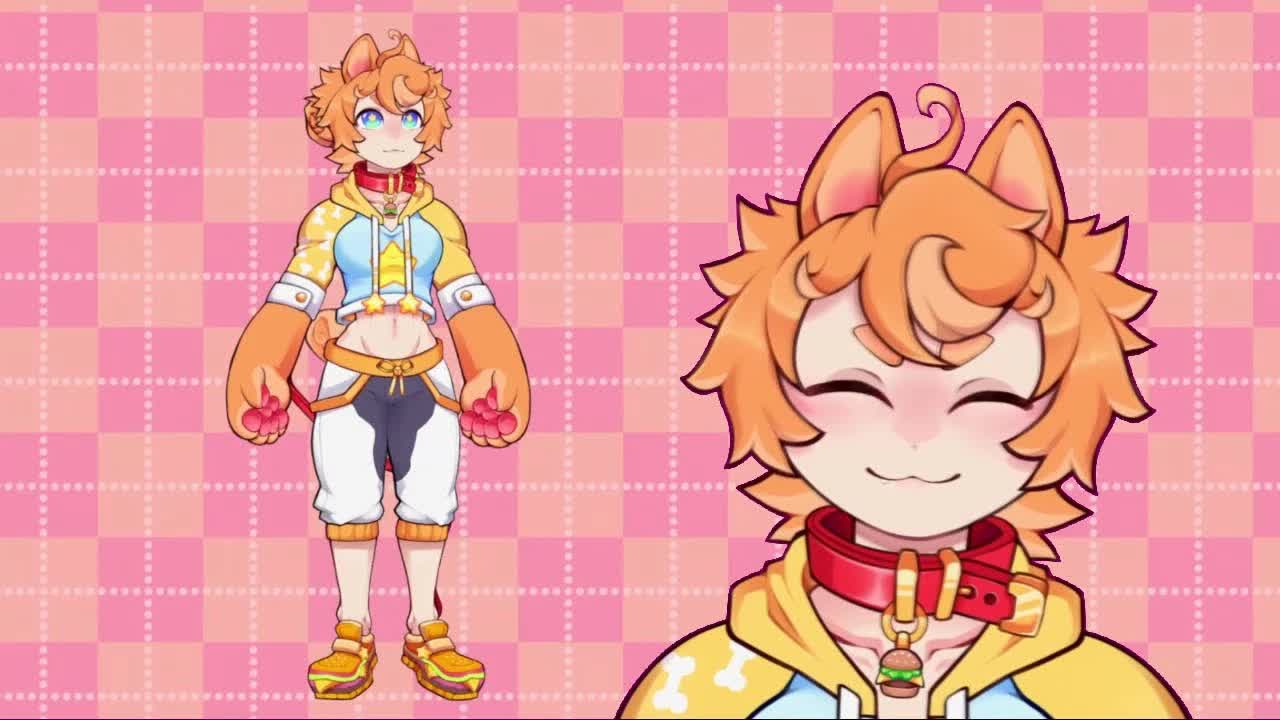 Buffpup human presenting Live2D model reference with wavy orange hair and dog ears