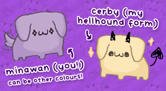 Cerby hellhound form next to a Minawan fan mascot comparison