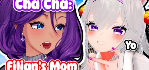 Chacha VTuber Cha Cha Your Vmom purple hair model next to Filian in promo art