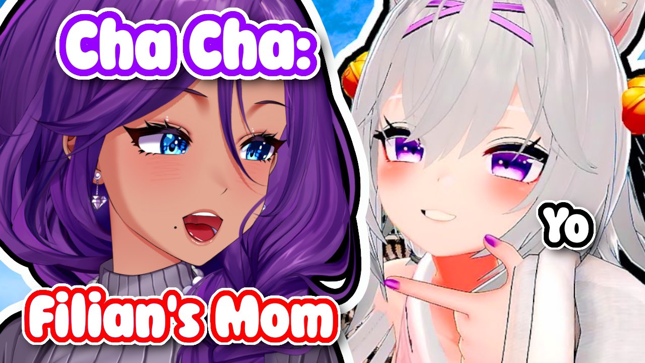 Chacha VTuber Cha Cha Your Vmom purple hair model next to Filian in promo art
