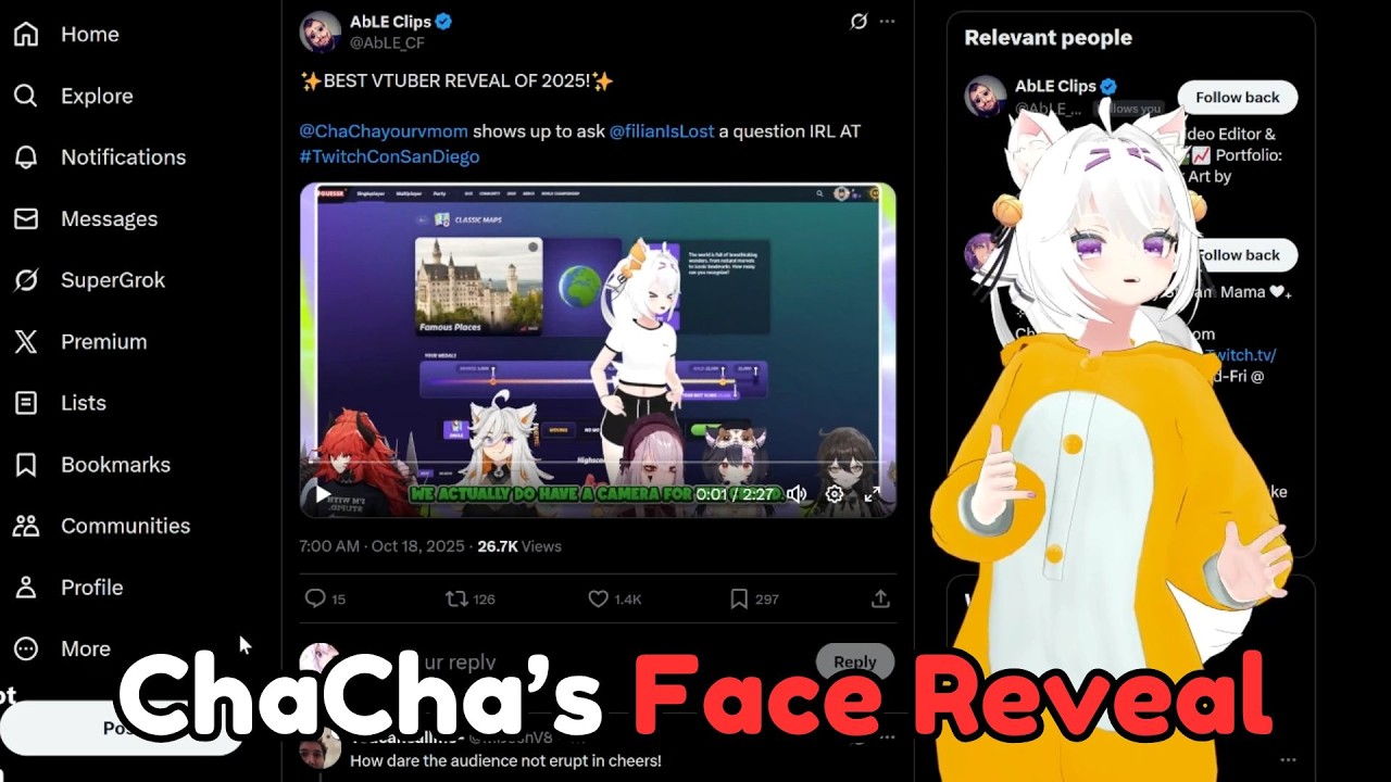 Chacha VTuber IRL appearance at TwitchCon 2025 VTuber panel with Filian reacting