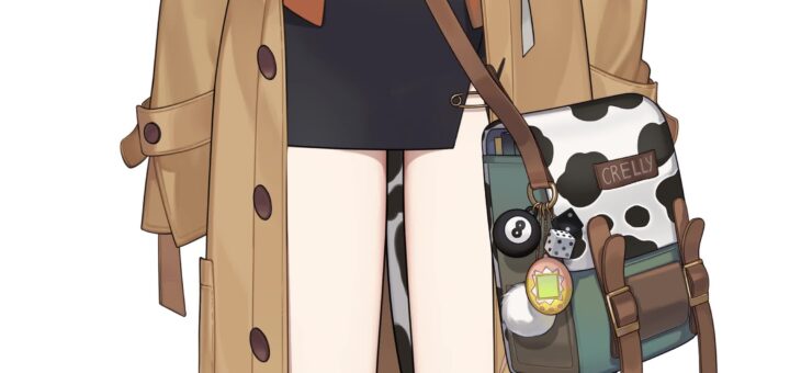 Crelly VTuber mint-haired cow girl model with tiny horns, spotted cow ears, and a gold bell
