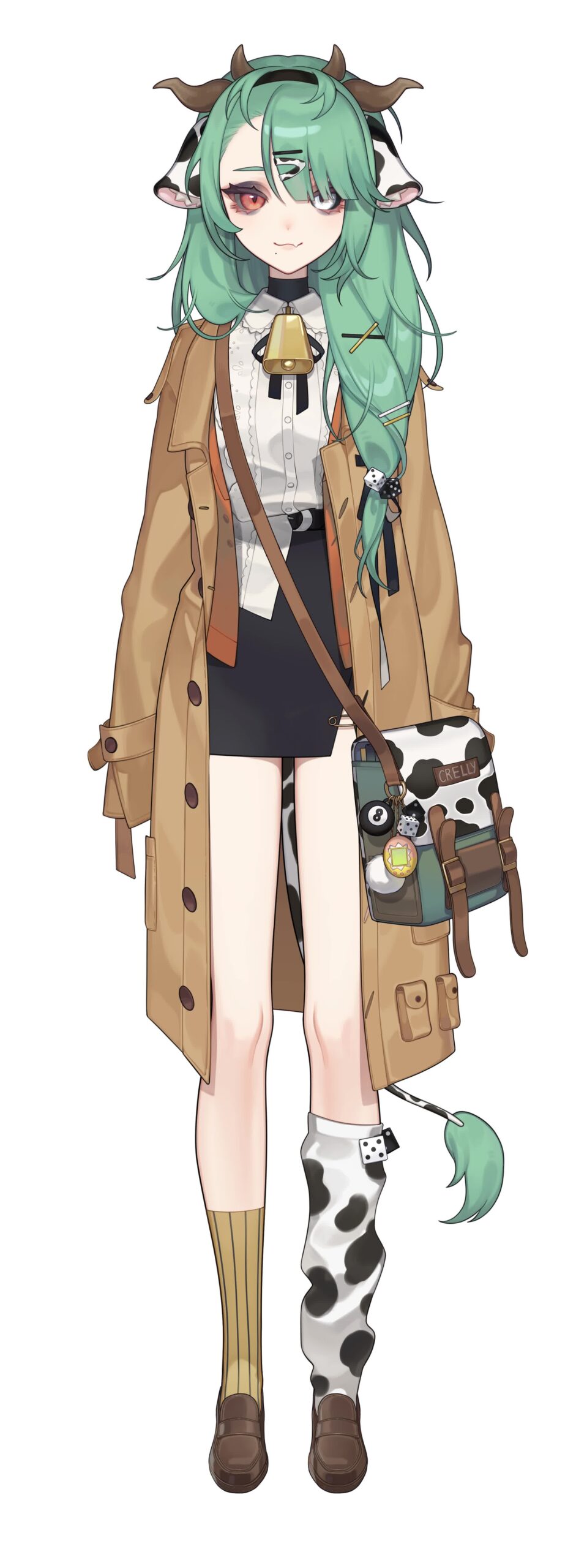 Crelly VTuber mint-haired cow girl model with tiny horns, spotted cow ears, and a gold bell