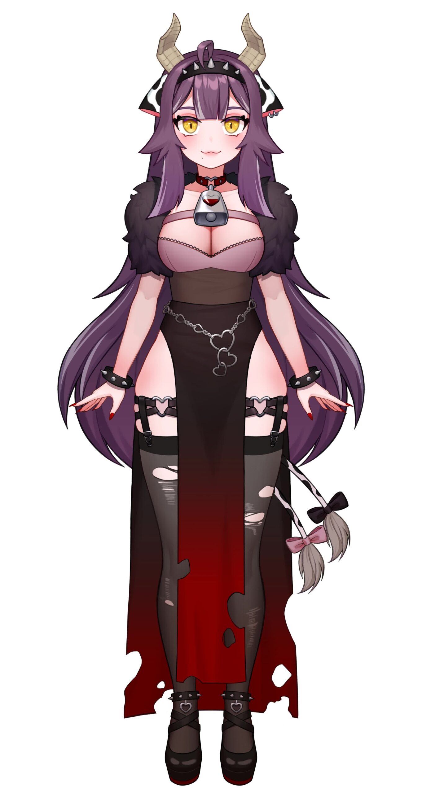 Crelly VTuber goth leaning design with heterochromia, one pink eye and one pale eye