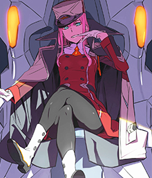 Zero Two pink haired horned girl from Darling in the Franxx