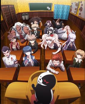 Danganronpa The Animation cover art with the Hope's Peak students and Monokuma