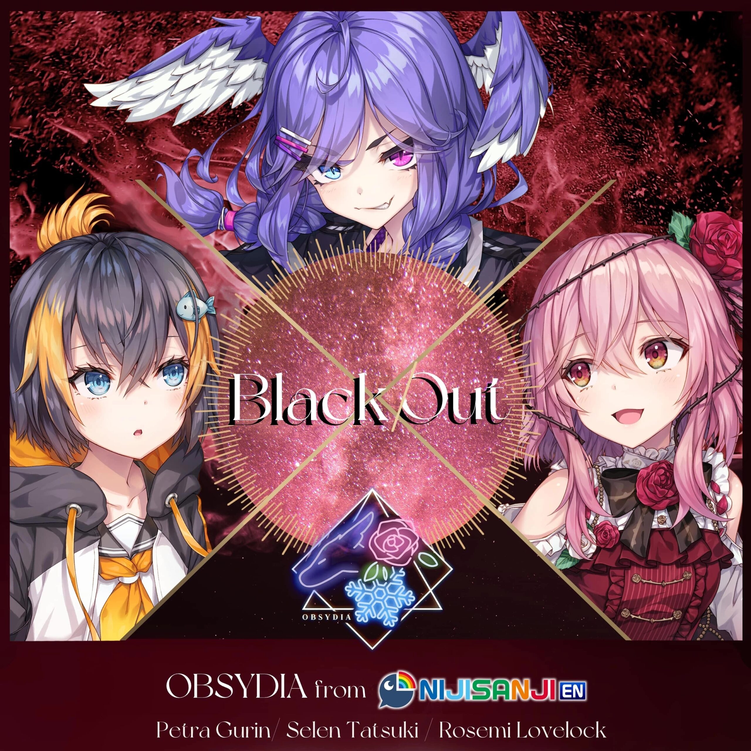 Nijisanji EN OBSYDIA wave art featuring Selen Tatsuki, Petra Gurin, and Rosemi Lovelock