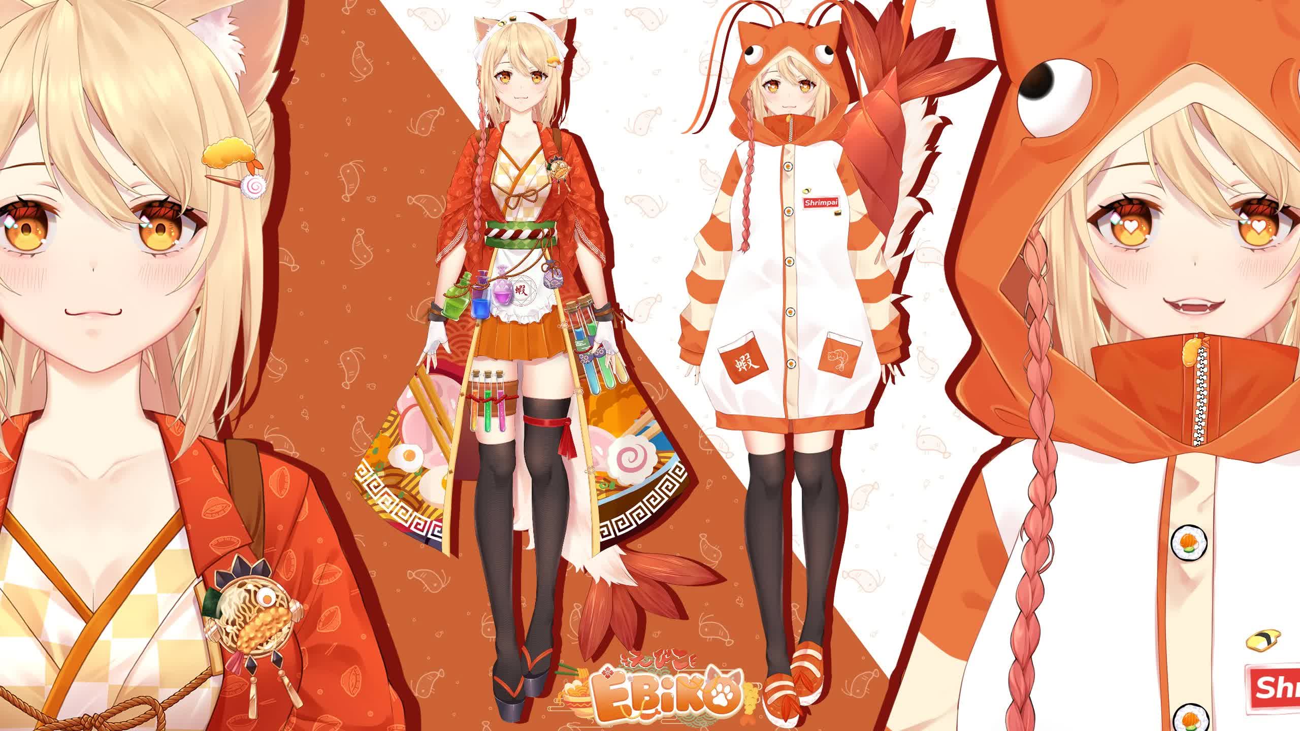 Ebiko VTuber outfit designs including the Shrimpai hoodie and alchemist look