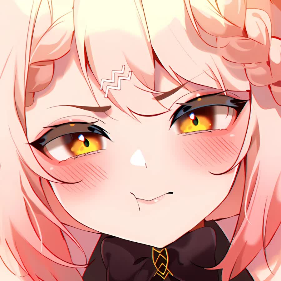 Ebiko VTuber close up shrimp cat face with gold eyes and playful smirk