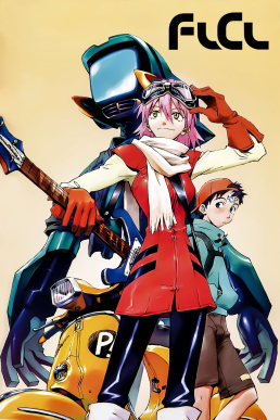 FLCL Fooly Cooly anime official key visual with Haruko on her yellow Vespa