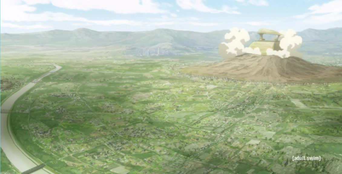 Medical Mechanica iron shaped factory belching smoke over Mabase in FLCL