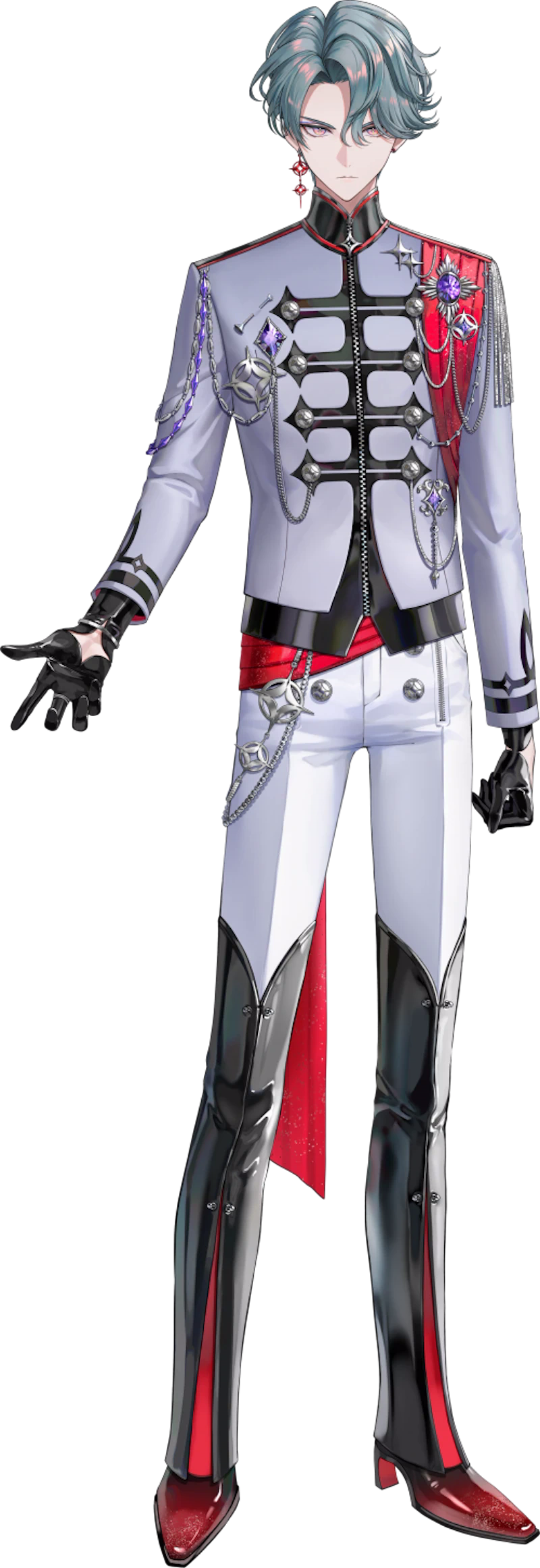 Freodore full body VTuber design showing red sash club manager outfit and cross shaped pupils