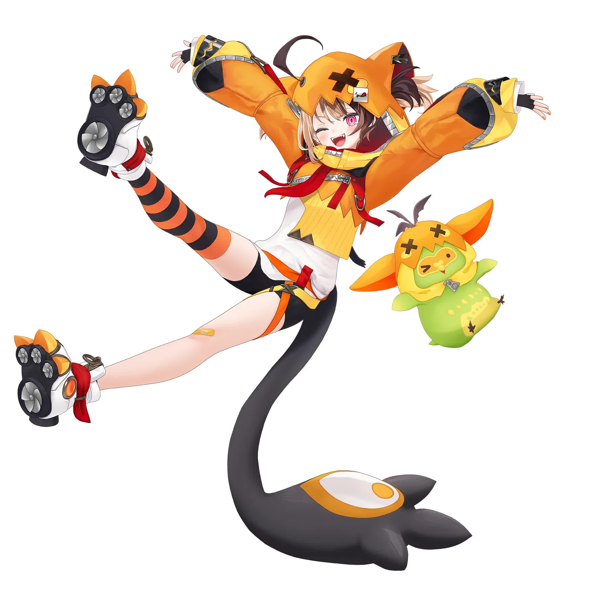 Gigi Murin full body VTuber design with cat eared hoodie and beaver tail