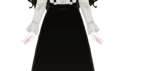 Grimmi VTuber model, the ghost girl Grevillea Grimoire, with pale skin and glowing golden-yellow eyes in her gothic outfit.