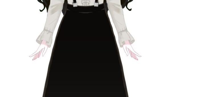 Grimmi VTuber model, the ghost girl Grevillea Grimoire, with pale skin and glowing golden-yellow eyes in her gothic outfit.