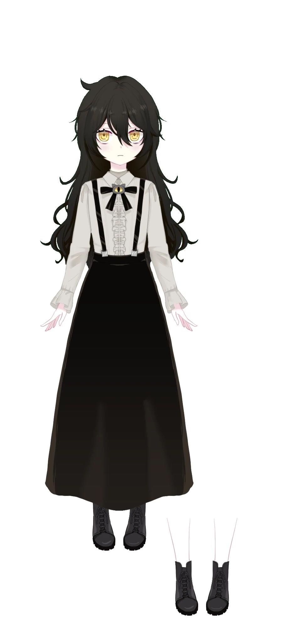 Grimmi VTuber model, the ghost girl Grevillea Grimoire, with pale skin and glowing golden-yellow eyes in her gothic outfit.