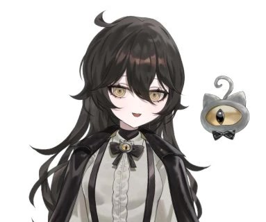 Grimmi VTuber close-up showing her pale skin and glowing golden-yellow eyes.