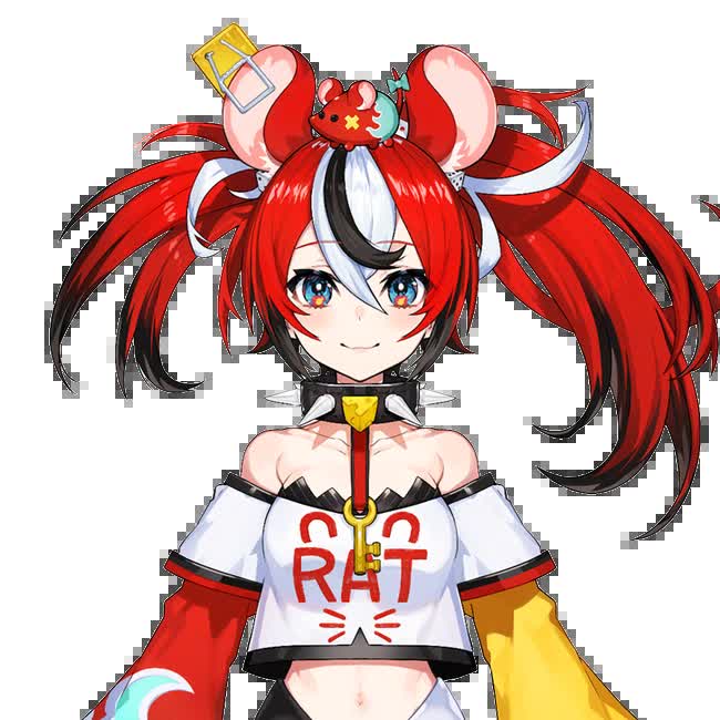 Hakos Baelz Hololive English chaos rat VTuber model with red and white hair, rat ears, and Mr. Squeaks mascot