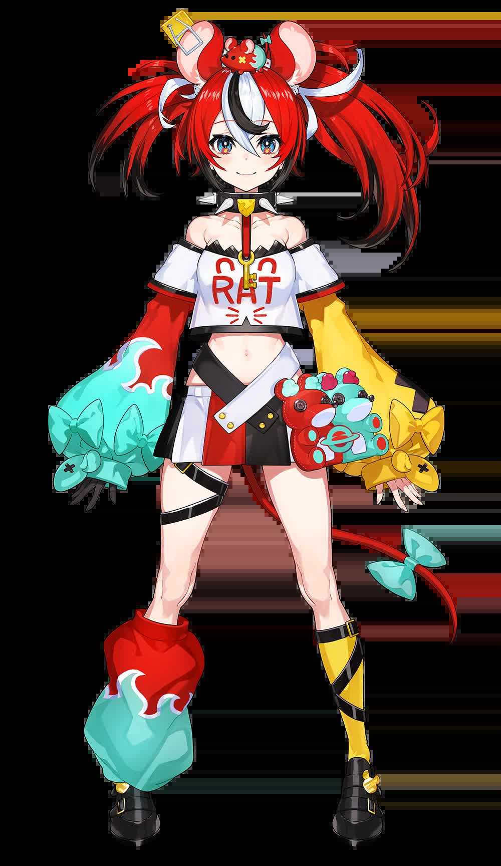 Hakos Baelz full body official 2D model reference showing her chaos rat outfit and rat ears