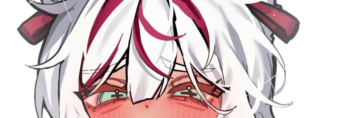 Hemomal VTuber model close up banner showing white and red hair and green cross shaped eyes