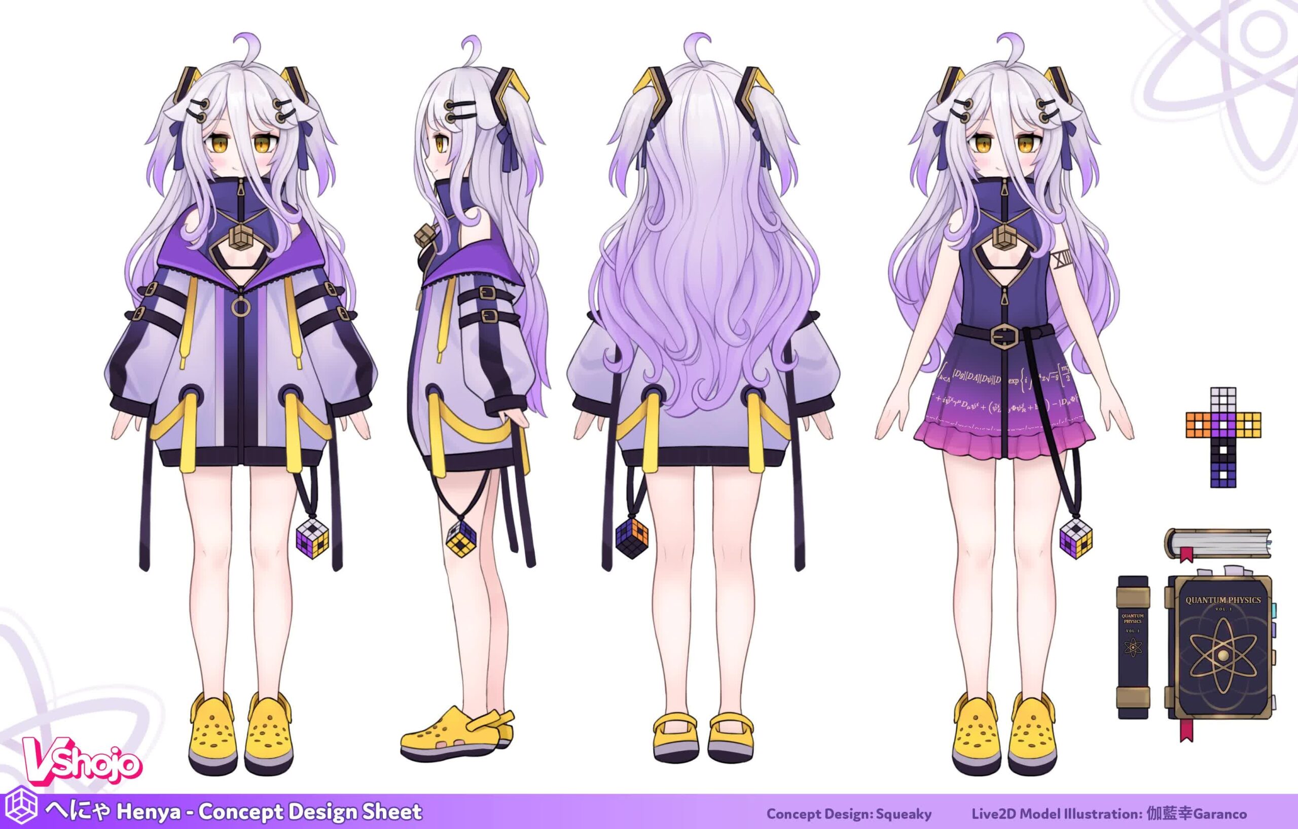 Henya VTuber outfit with purple top, golden puzzle cube pendant, and quantum formula skirt