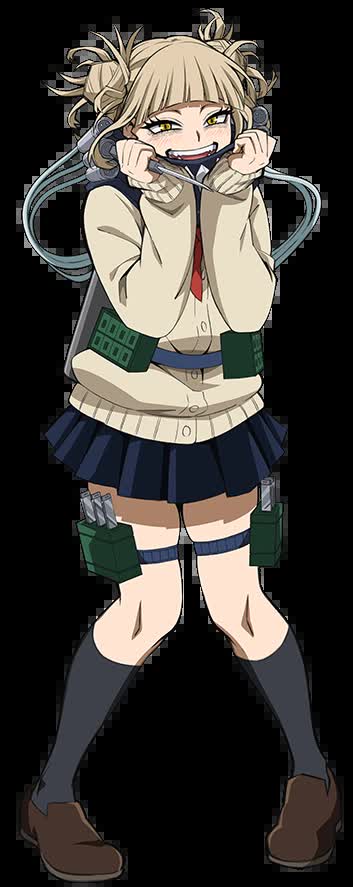Himiko Toga smiling with fangs and blonde buns in her My Hero Academia villain outfit