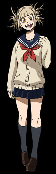 Himiko Toga in her civilian school outfit with blonde buns and cardigan