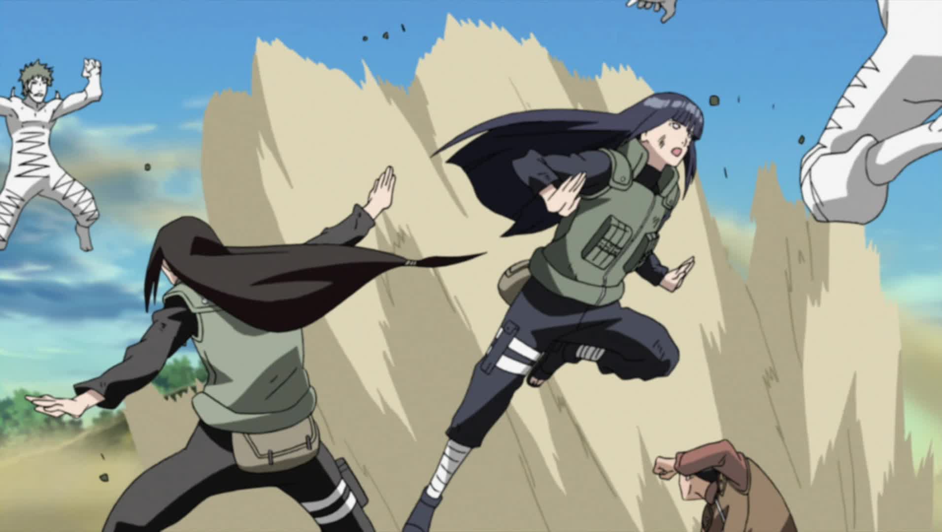 Hinata standing her ground against her cousin Neji during the Naruto Chunin Exams