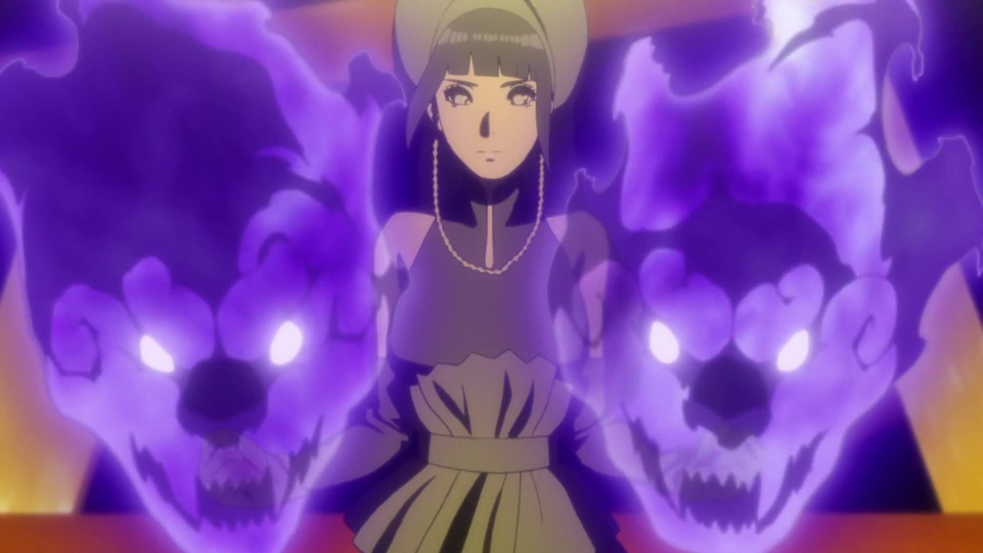 Hinata activating her Twin Lion Fists with glowing chakra lion heads on both hands