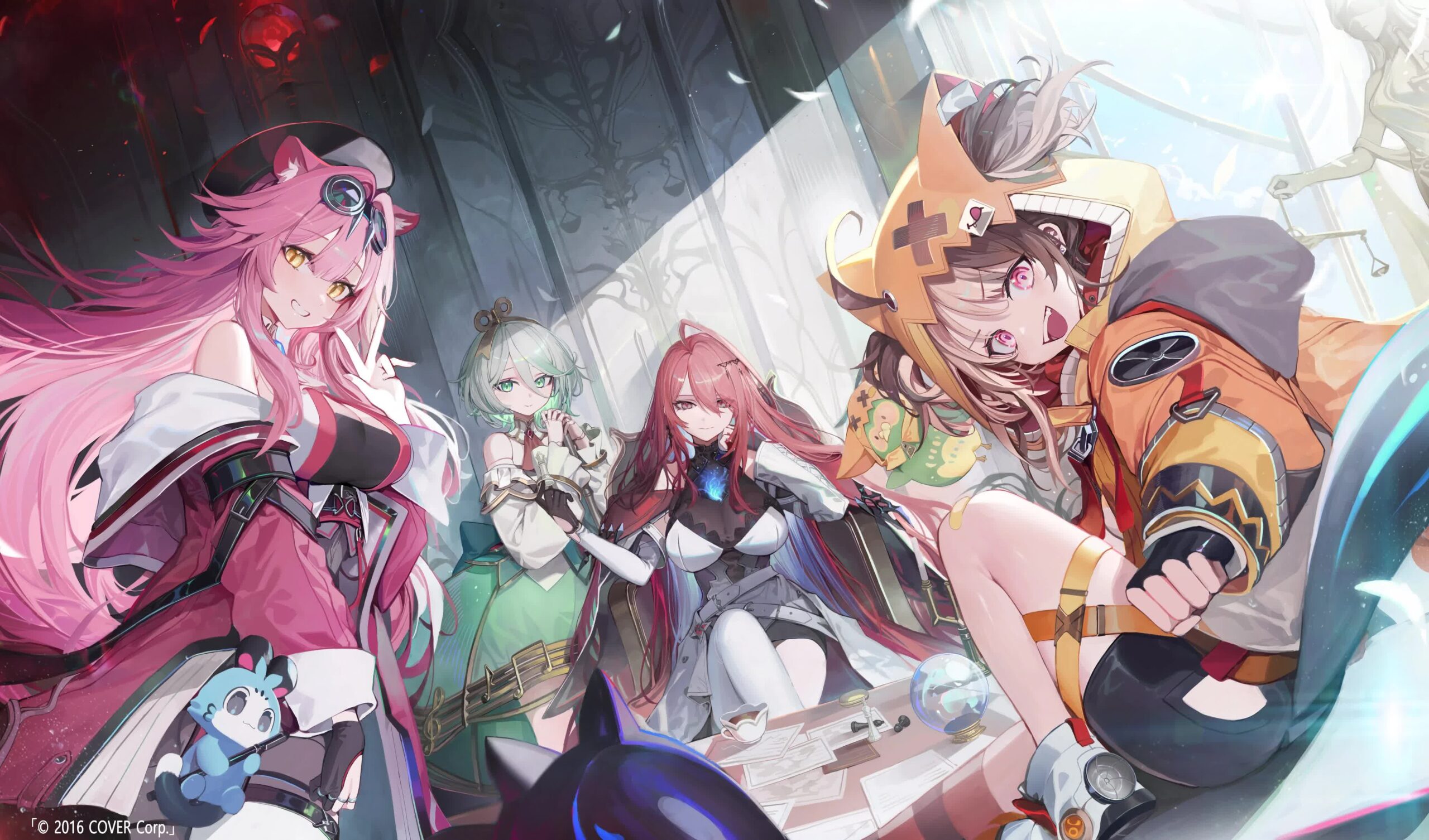 Hololive Justice full roster key visual with Elizabeth Rose Bloodflame, Gigi Murin, Cecilia Immergreen, and Raora Panthera