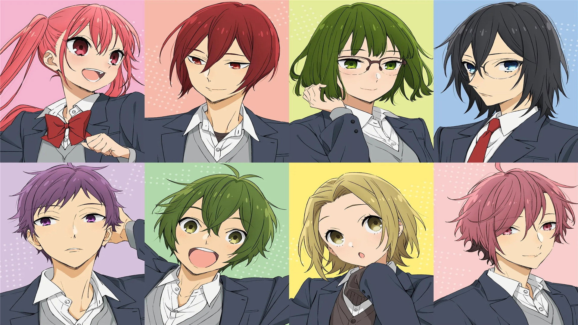 Horimiya characters including Ishikawa, Yoshikawa, Sengoku, Remi and Kono