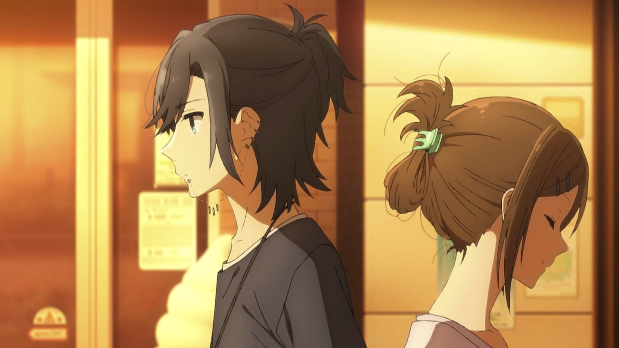 Miyamura with short hair and visible piercings in the Horimiya anime
