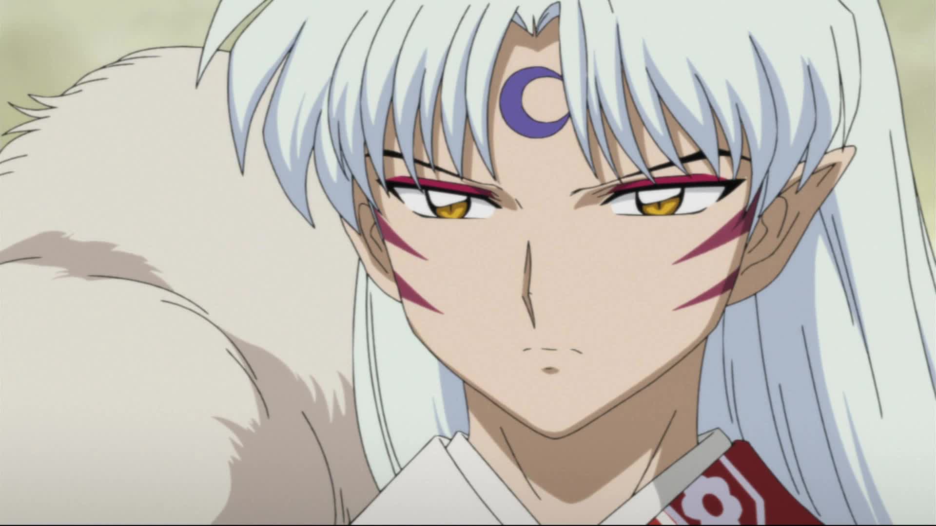 Sesshomaru from Inuyasha with flowing silver hair and crescent moon mark, a classic handsome anime guy